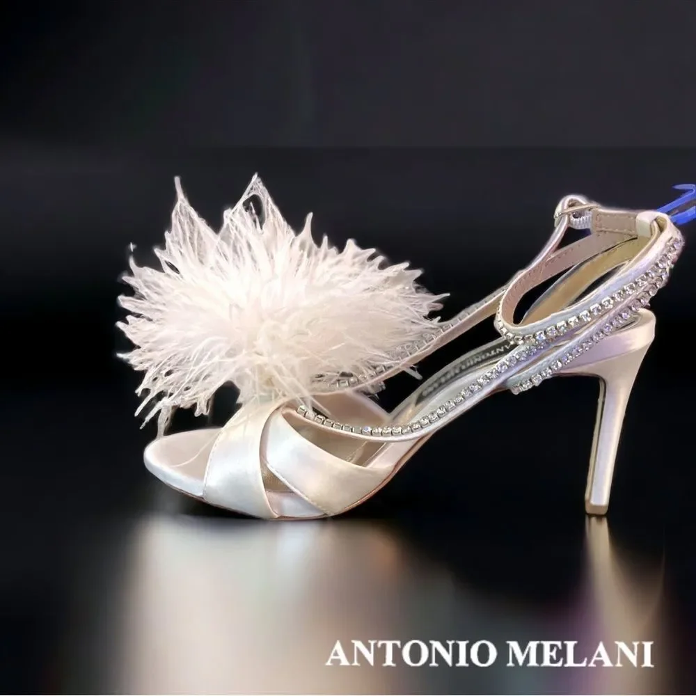 Antonio Melani AURORA Feathered Dress Sandal Rhinestones Ankle Wrap Strap